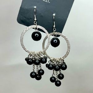 Black Beaded Silver Dangling Earrings